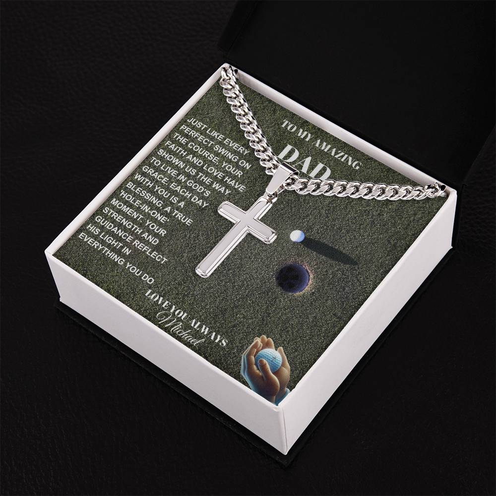 Gift For Christian Dad Who Loves To Golf - Personalized Steel Cross Necklace on Cuban Chain