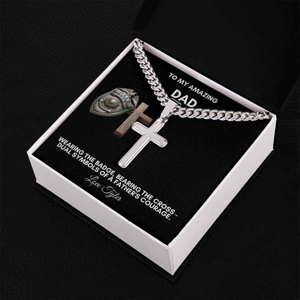 Gift For Christian Police Officer Dad - Personalized Steel Cross Necklace on Cuban Chain