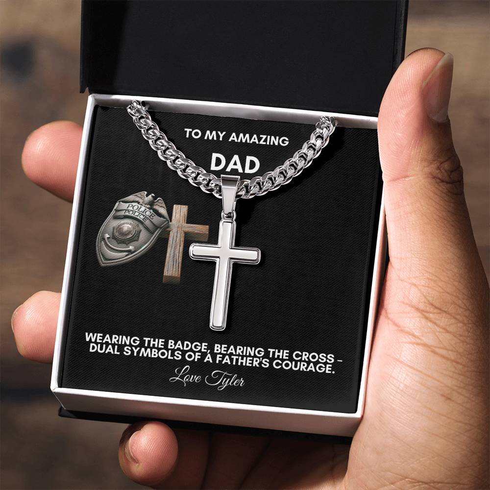 Gift For Christian Police Officer Dad - Personalized Steel Cross Necklace on Cuban Chain
