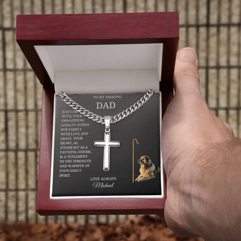 Gift For Christian Dad Who Loves Dogs - Personalized Steel Cross Necklace on Cuban Chain