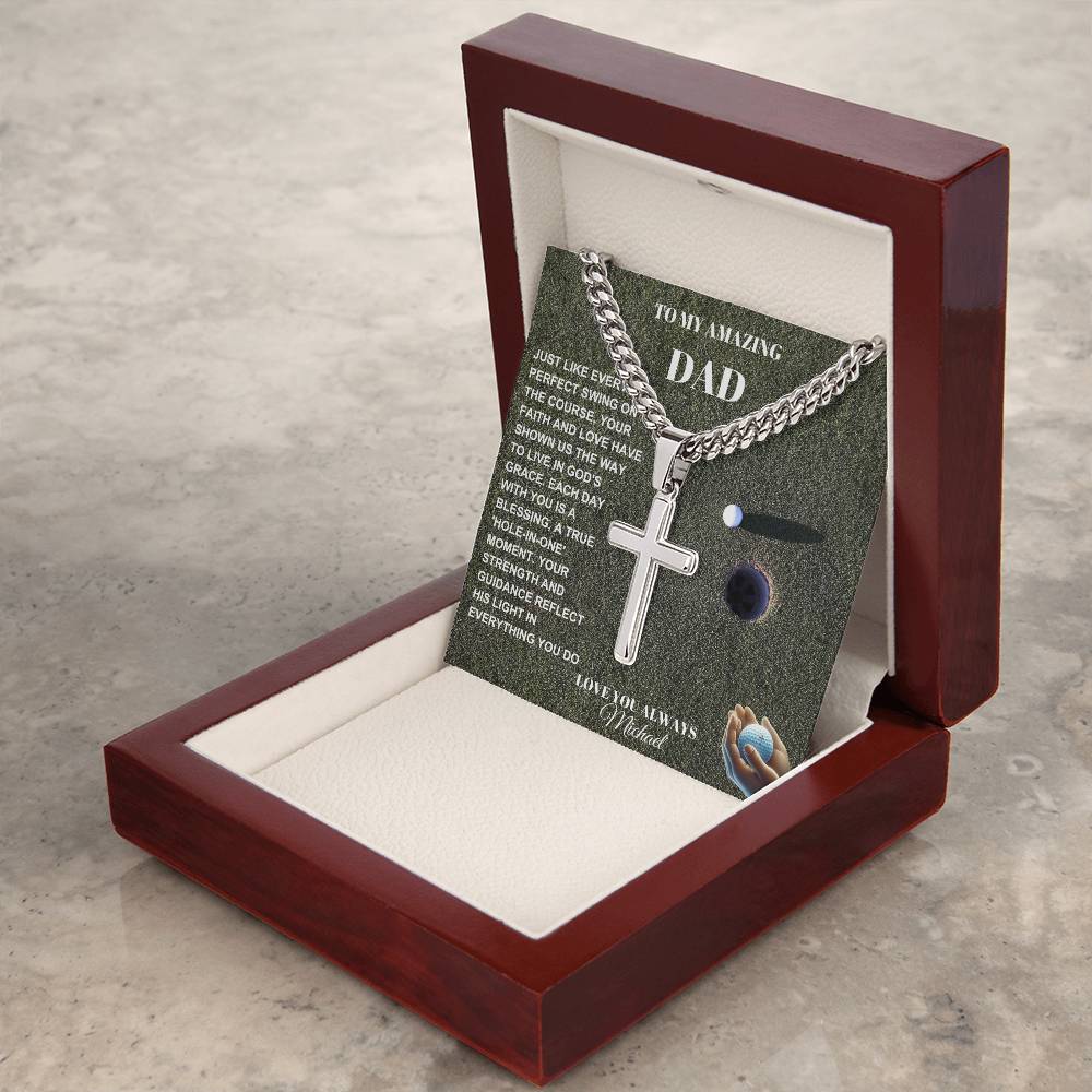 Gift For Christian Dad Who Loves To Golf - Personalized Steel Cross Necklace on Cuban Chain